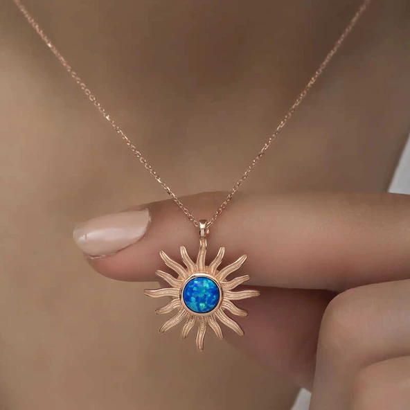 ​Gümüş Rose Mavi Opal Taşlı Güneş Kadın Kolye  SL3409 - Resim 6