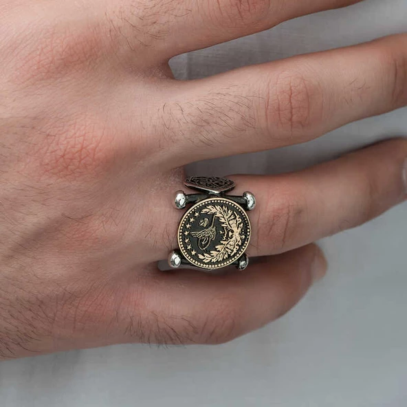 Gümüş Kadem-i Şerif Detaylı Osmanlı Arması Erkek Yüzük SL3613 - Resim 4