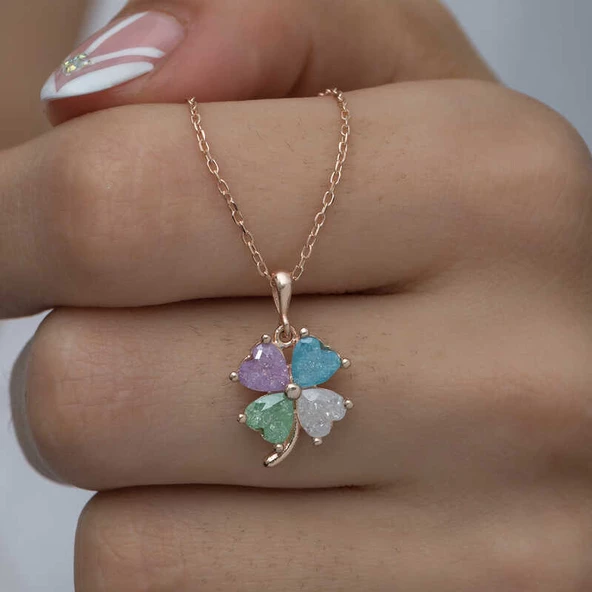 Gümüş Rose Renkli Taşlı Kalp Yonca Kadın Kolye SL3292 - Resim 4