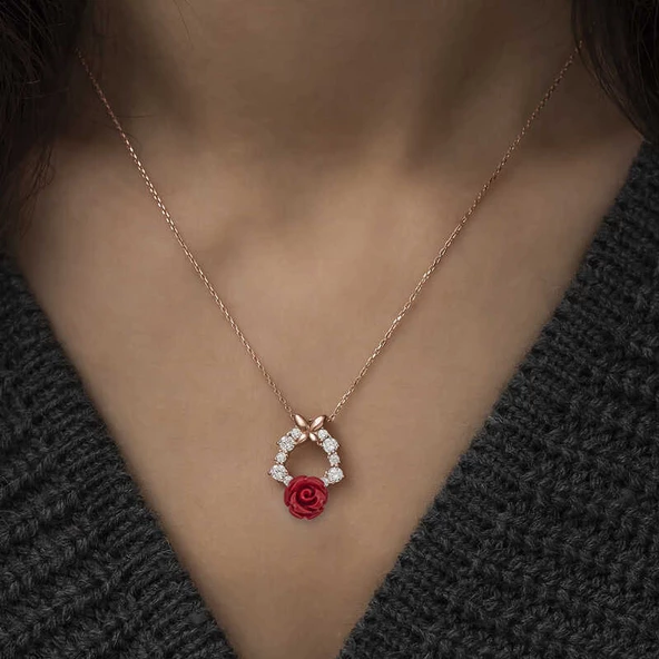 ​​Gümüş Rose Kırmızı Gül Kolye SL3199 - 2