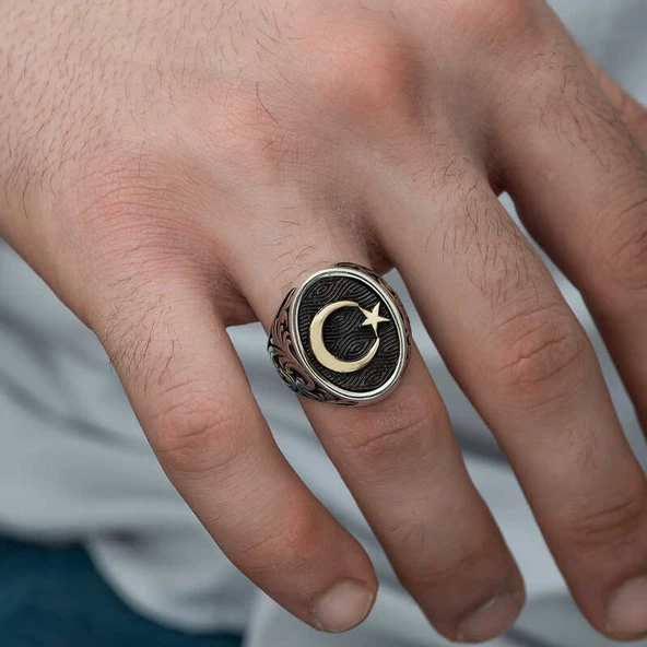 Gümüş Yanları Desenli Ay Yıldız Erkek Yüzük SL3611 - Resim 5
