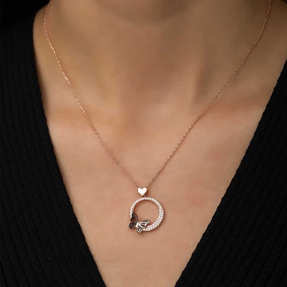 Gümüş Rose Kalpli Kelebek Çemberi Kolye SL3555 - 3