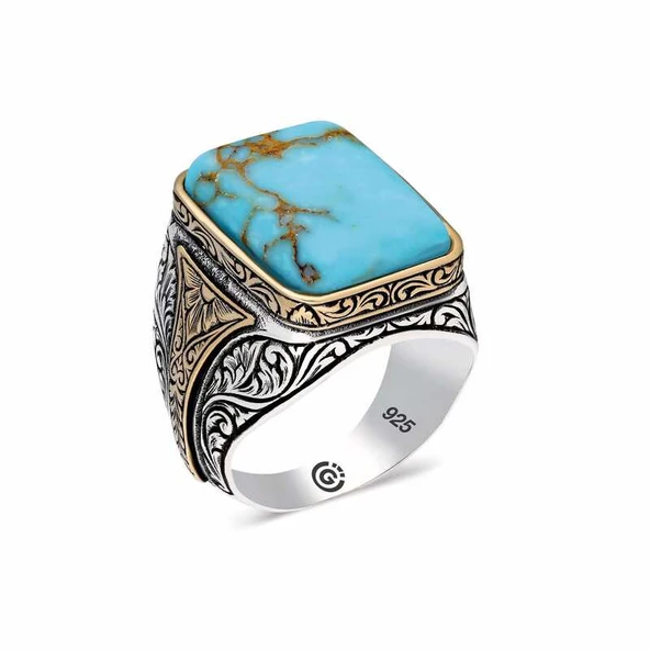 ​Gümüş  Zirkon Turkuaz Taşlı Kare Erkek Yüzük SL3891 - Resim 2