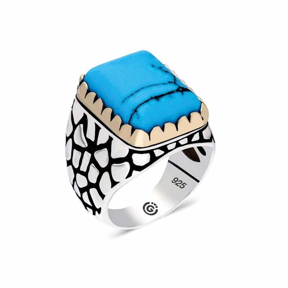 Gümüş Zirkon Turkuaz Taşlı Kare Erkek Yüzük  SL3920 ürün görseli