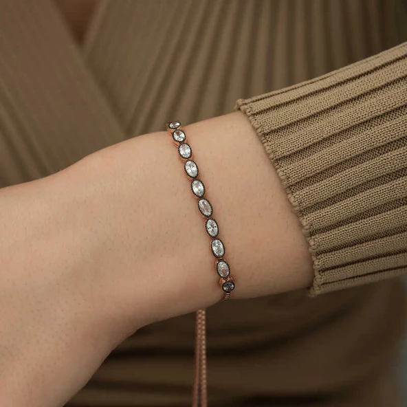 Gümüş Rose Oval Kesim Elmas Montür Asansör Bileklik SL3817 - Resim 6