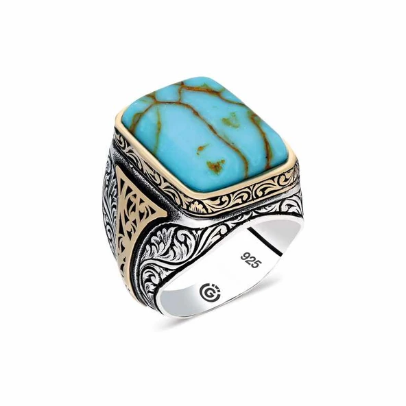 ​Gümüş Turkuaz Çizgi Geçişli Taşlı Kare Erkek Yüzük SL3900 - Resim 2