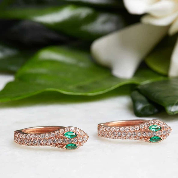 Gümüş Yeşil Gözlü Yılan Halka Küpe SL3653 - Resim 3