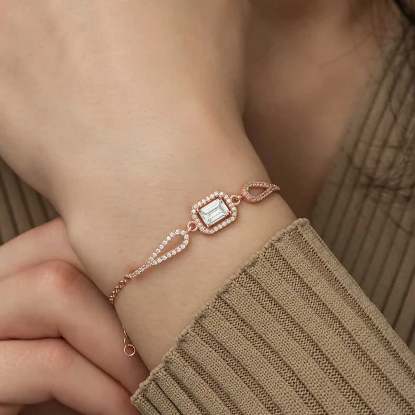 Gümüş Rose Dikdörtgen Baget Bileklik SL3709 - Resim 4