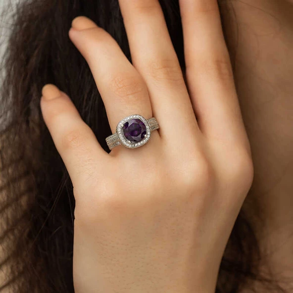 Gümüş Mor Yuvarlak Bayan Yüzük SL3963 - Resim 5