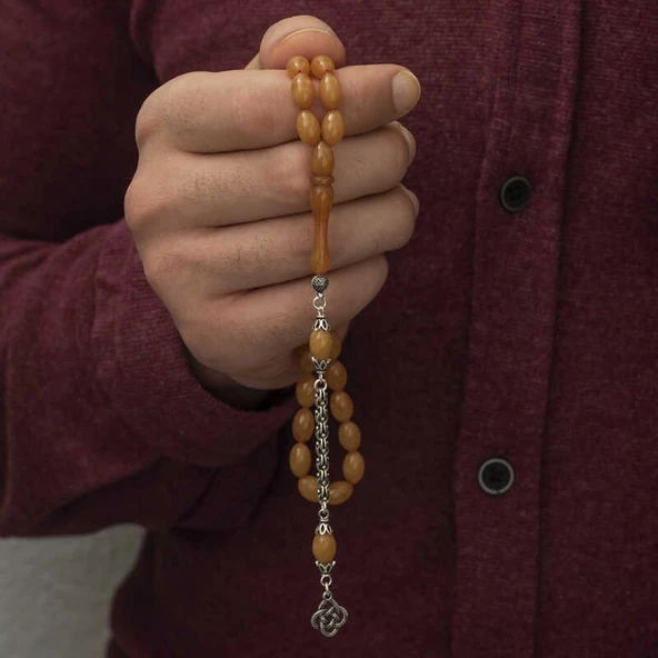 Gümüş Püskül Arpa Sıkma Kehribar Tesbih SL3790 - Resim 2