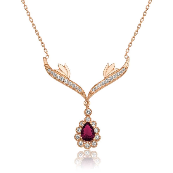 Gümüş Rose Kırmızı Taşlı Madalyon Bayan Kolye SL3725 ürün görseli