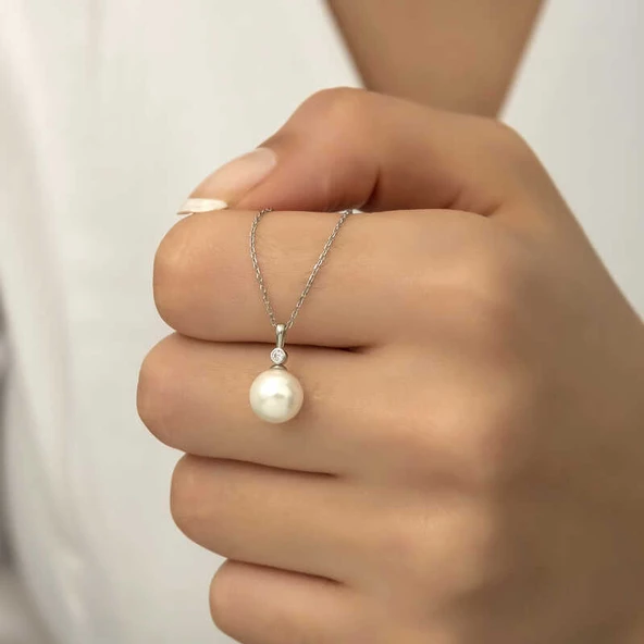 Gümüş Yuvarlak İnci Bayan Kolye SL4101 - Resim 5