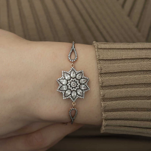 ​Gümüş Rose Çiçek Desenli Elmas Montür Bileklik SL3811 - Resim 2