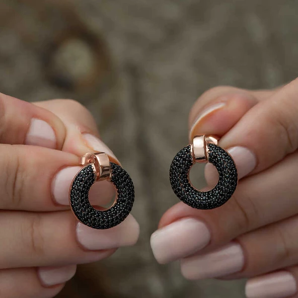 Gümüş Siyah Çok Taşlı Daire Bayan Küpe SL3685 - Resim 4