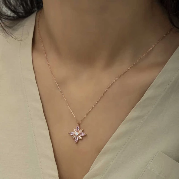 Gümüş Rose Pembe Taşlı Umut Çiçeği Kolye SL4312 - 3