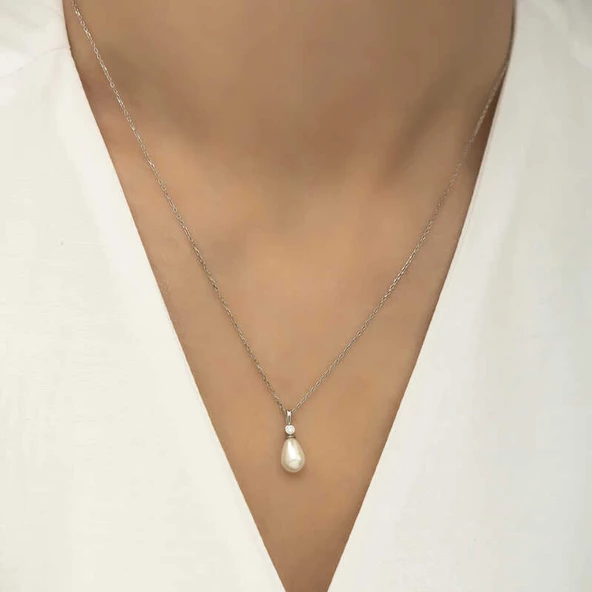 Gümüş Damla İnci Bayan Kolye SL4277 - Resim 2