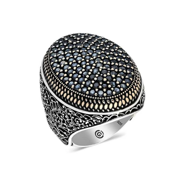 Gümüş Siyah Zirkon Taşlı Oval Erkek Yüzük  SL4560 - Resim 2