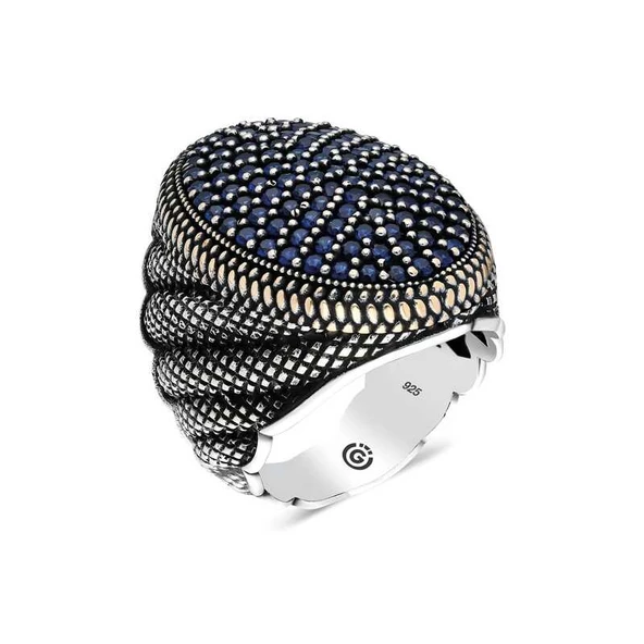 Gümüş Lacivert Zirkon Taşlı Oval Erkek Yüzük  SL4557 ürün görseli