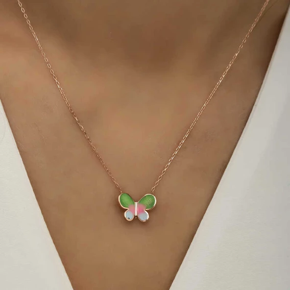 Gümüş Rose Minimal Kelebek Bayan Kolye  SL4267 - Resim 3