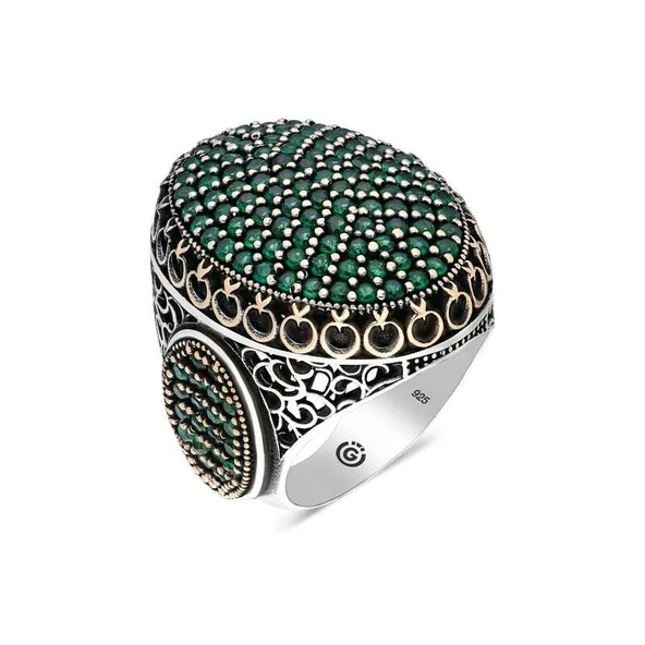 Gümüş Yeşil Zirkon Taşlı Oval Erkek Yüzük  SL4547