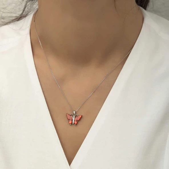 Gümüş Kırmızı Kaplangözü Taşlı Kelebek Kolye SL4238 - Resim 2