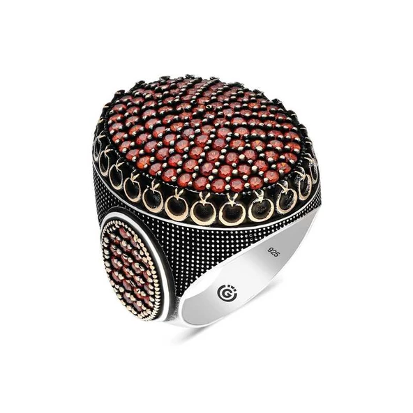 Gümüş Kırmızı Zirkon Taşlı Oval Erkek Yüzük  SL4540