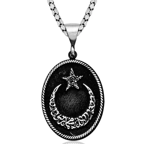 Gümüş Kelime-i Tevhid Yazılı Ay Yıldız Kolye SL4396 - Resim 2