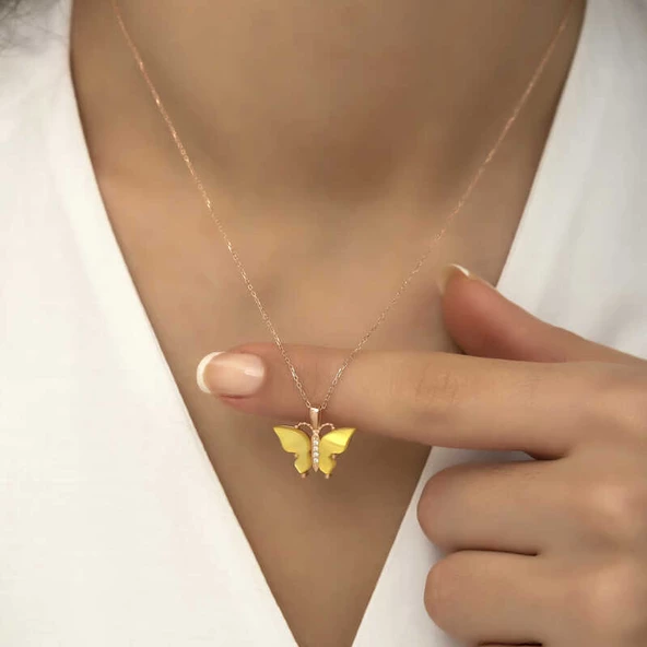 Gümüş Rose Sarı Kaplangözü Taşlı Kelebek Kolye SL4241 - Resim 5