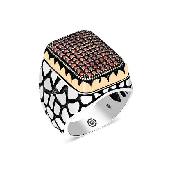 Gümüş Kırmızı Zirkon Taşlı Kare Erkek Yüzük  SL4503 - Resim 2