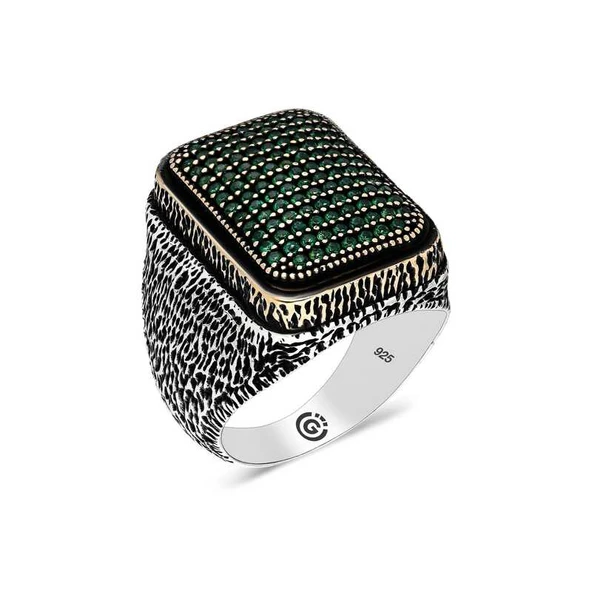 Gümüş Yeşil Zirkon Taşlı Kare Erkek Yüzük  SL4493 - Resim 2