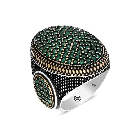 Gümüş Yeşil Zirkon Taşlı Oval Erkek Yüzük  SL4554