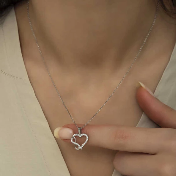Gümüş Kalpli Sonsuzluk Bayan Kolye  SL4228 - Resim 5