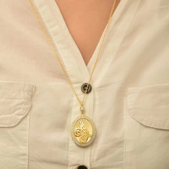 Gümüş Gold Tuğralı Oval Bayan Kolye SL4365 - Resim 2