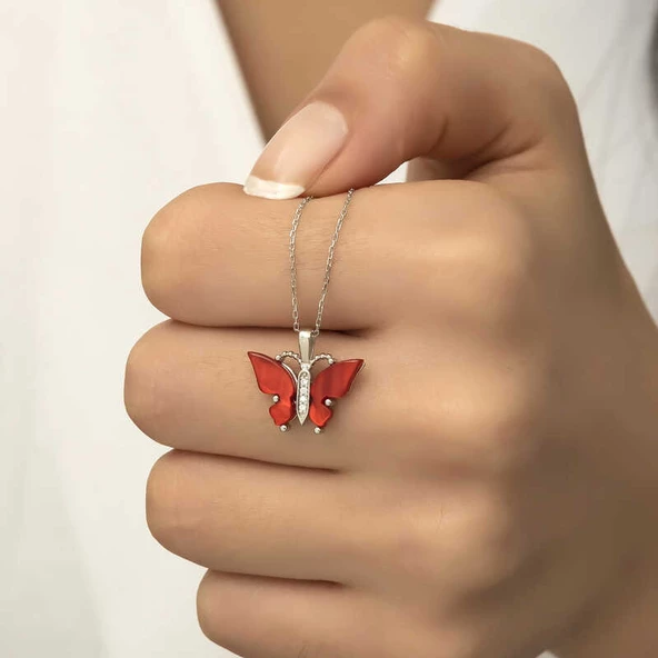 Gümüş Kırmızı Kaplangözü Taşlı Kelebek Kolye SL4238 - Resim 5