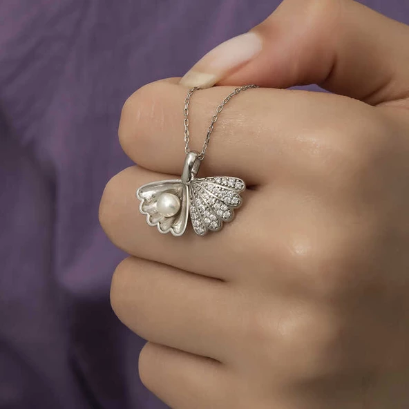 Gümüş İncili İstiridye Bayan Kolye SL4367 - Resim 7