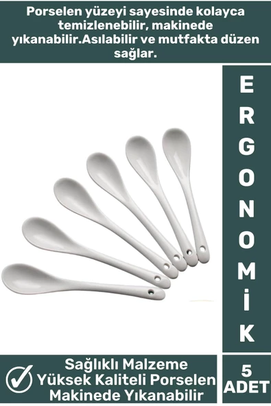 Özel Dayanıklı Sağlıklı Malzeme Ergonomik Kolay Temizlenir Asılabilir Porselen Baharat Kaşığı 5 Adet ürün görseli