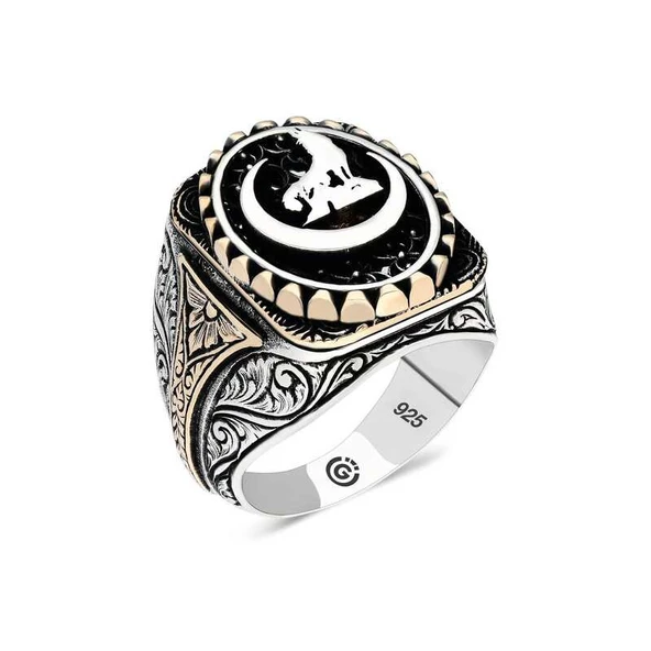 Gümüş Hilal Bozkurt Oval Erkek Yüzük  SL4595 - 1