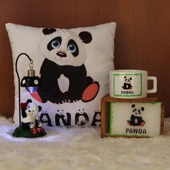 Panda Puf Yastık Panda Masa Lambası Kutulu Kupa Hediye Seti