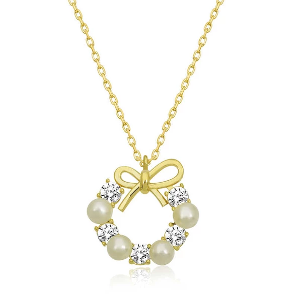 Gümüş Gold İnci Kurdele Kadın Kolye SL4645