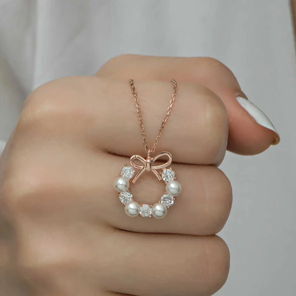 Gümüş Rose İnci Kurdele Kadın Kolye SL4648 - Resim 6