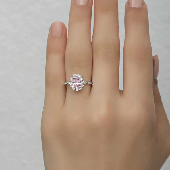 Gümüş Pembe Oval Taşlı Kadın Yüzük SL4712 - Resim 5