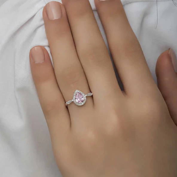Gümüş Pembe Damla Taşlı Kadın Yüzük SL4701 - Resim 6