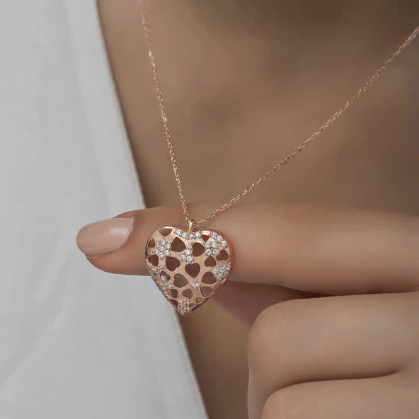 Gümüş Rose Bombeli Kalp Kadın Kolye  SL4746 - Resim 7