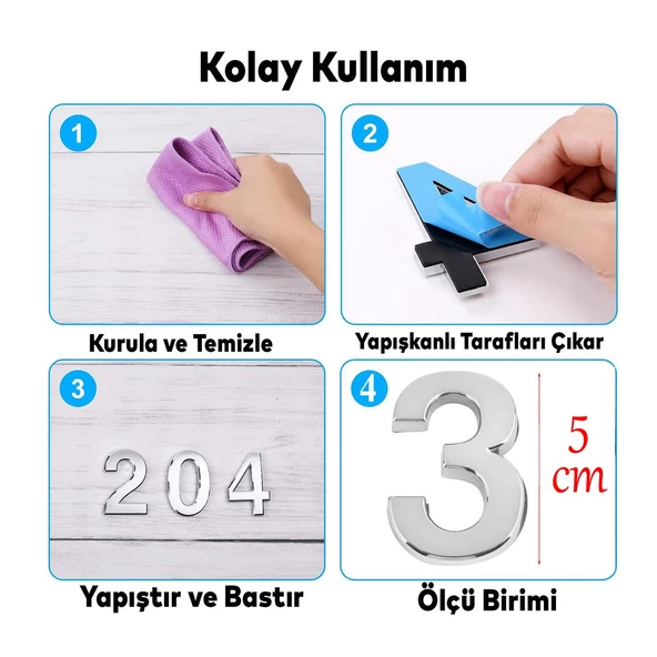 Yapışkanlı Kapı Numarası Küçük Boy 50 mm 5 cm Numara 3 Rakam Üç Sayısı Krom Renk Numaralar 1 Adet - 2