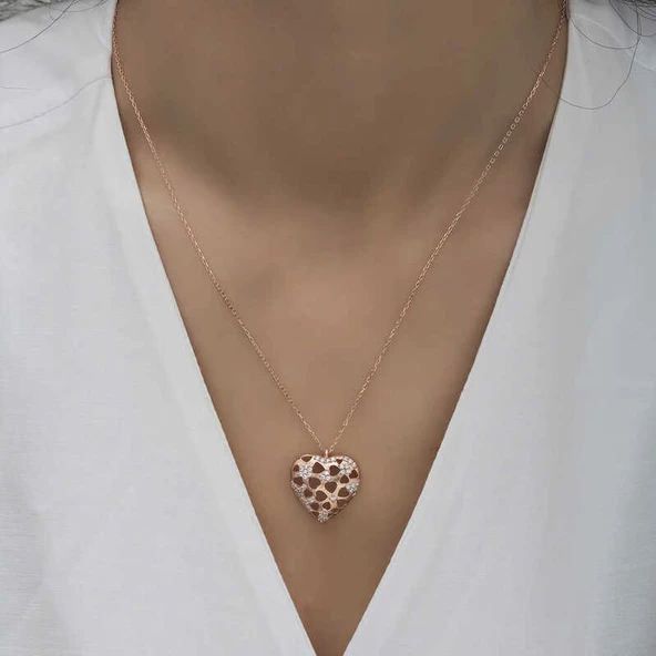 Gümüş Rose Bombeli Kalp Kadın Kolye  SL4746 - Resim 3