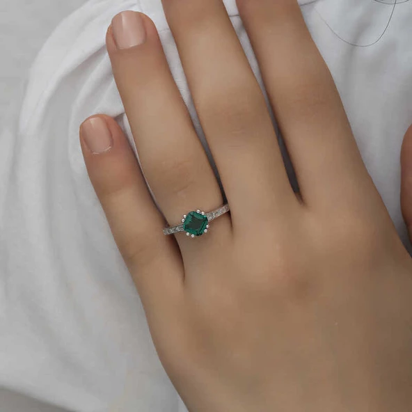 Gümüş Yeşil Baget Tek Taş Kadın Yüzük SL4720 - Resim 6