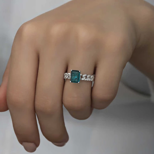 Gümüş Koyu Yeşil Baget Taşlı Kadın Yüzük  SL4717 - Resim 3