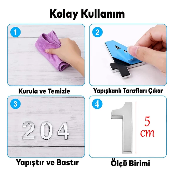 Yapışkanlı Kapı Numarası Küçük Boy 50 mm  5 cm Numara 1 Rakam Bir Sayısı Krom Renk Numaralar 1 Adet - Resim 2