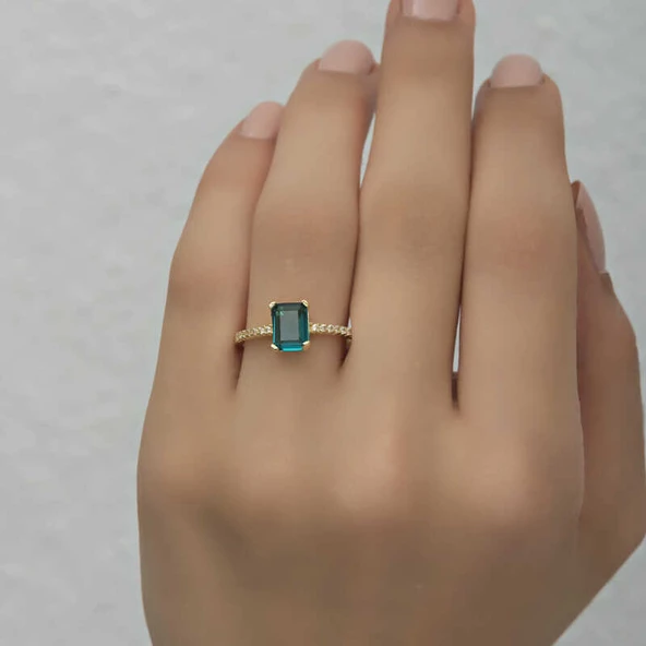 Gümüş Gold Yeşil Baget Taşlı Kadın Yüzük SL4721 - Resim 5