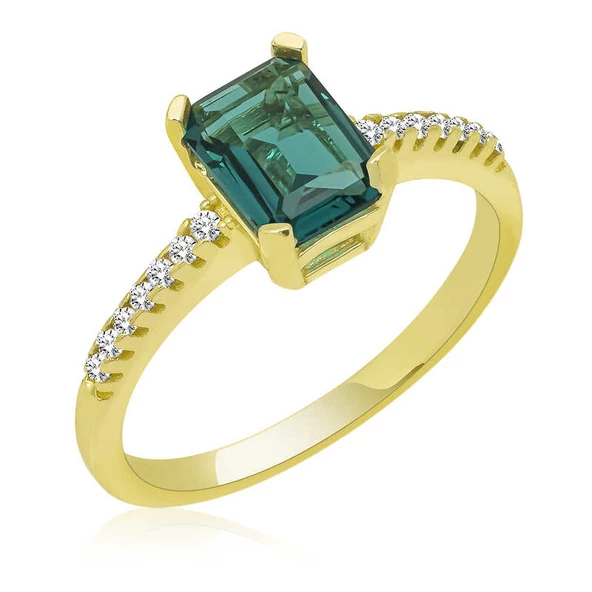 Gümüş Gold Yeşil Baget Taşlı Kadın Yüzük SL4721 ürün görseli